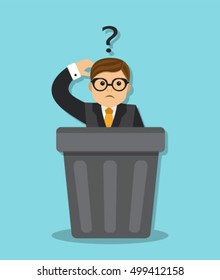 sad businessman sitting in a garbage can, and think why he was fired