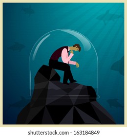 sad businessman sitting looking down.  Vector illustration