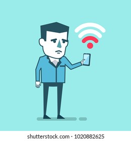 Sad Businessman With Smartphone Has Slow Internet Connection. Bad, Weak Internet Connectivity. Simple Style Vector Illustration