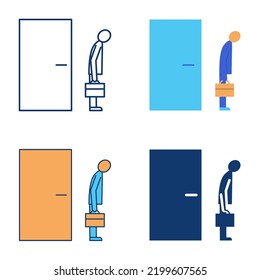 Sad Businessman Standing Near Door Icon Set In Flat And Line Style. Employee Dismissal Concept. Vector Illustration.