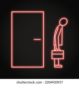 Sad Businessman Standing Near Door Neon Icon. Employee Dismissal Concept. Vector Illustration.