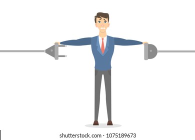 Sad businessman standing with plug and socket on white.