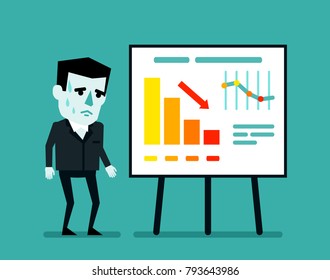 Sad businessman stands near whiteboard showing fall chart. Sales drop, unprofitable period. Annual report, presentation. Flat style vector illustration