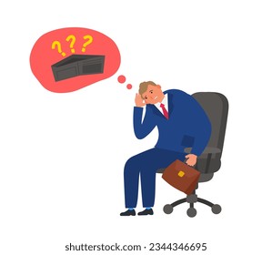 sad businessman think about empty wallet no money financial crisis poverty concept vector illustration