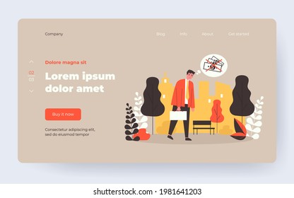 Sad businessman thinking of financial problems. Broke office worker in park needing money flat vector illustration. Bankruptcy, financial crisis concept for banner, website design or landing web page
