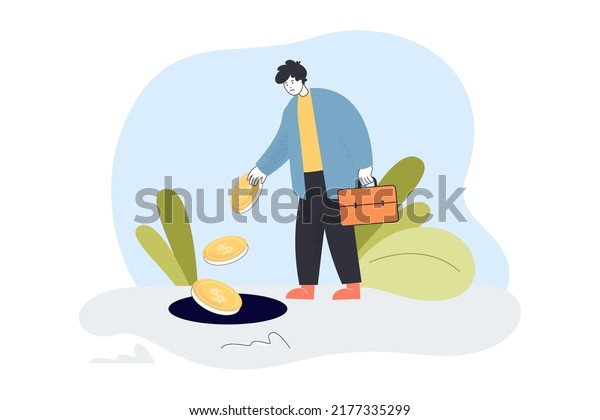 Sad businessman throwing money into hole. Tiny man\
losing coins due to crisis, financial failures flat vector\
illustration. Bankruptcy, debt concept for banner, website design\
or landing web page