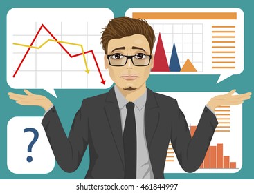 sad businessman throws up his hands in front of charts with negative trend