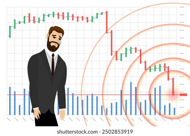 Sad businessman trader on stock index chart falling and investor finance loss banner concept. Stressed business man broker on exchange market trading decreasing data fall down graph. Economic crash
