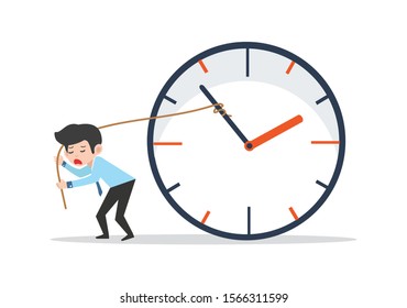 Sad businessman trying to stop the time vector