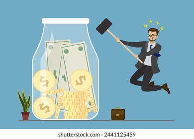 Sad businessman uses hammer to break glass jar of money. Financial problems, possible bankruptcy. Expenditure of all savings and deposits. Man needs cash. Male character in jump. Vector illustration