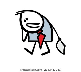 Sad businessman walks with his head bowed, tired after work. Vector illustration an employee in an office suit is tired of his duties and superiors. Doodle person isolated on white background.