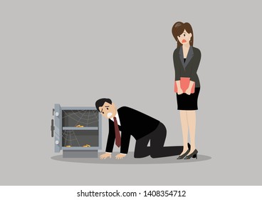 Sad businessman and woman near open door safe empty box. Business concept