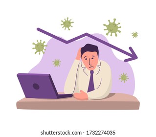 Sad businessmen at his desk is working on the laptop computer.Economic crisis due to coronavirus. The fall of the exchange.Falling in economic collapse COVID-19.
