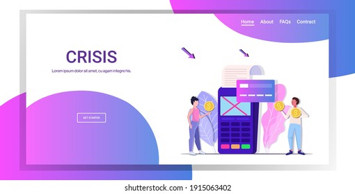 sad businesspeople dollar coins credit card POS terminal red cross rejected payment transaction financial crisis bankruptcy concept horizontal full length copy space vector illustration
