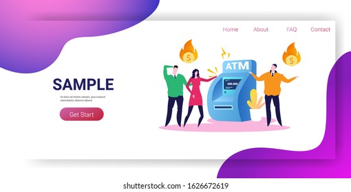 sad businesspeople near ATM machine with flaming dollar symbol financial crisis transaction denied locked bank credit card bankruptcy concept horizontal full length copy space vector illustration