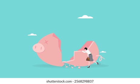 sad businesswoman with broken piggy bank. financial mistake, businessman with financial crisis and bankruptcy of company, finance economy fall down, bankruptcy concept flat vector illustration