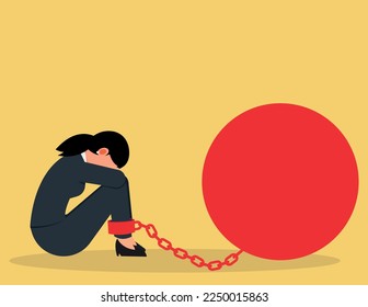 Sad businesswoman chained to his big heavy debt. Businessman corporate slavery concept.