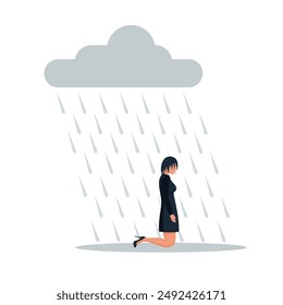 Sad businesswoman kneeling in the rain. Cloud and rain. Vector illustration flat design. Isolated on a white background. Unhappy female.