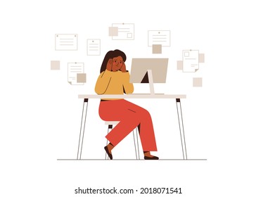 Sad businesswoman overloaded with office work. Tired depressed female boss sitting behind office desk among a lot of unfinished projects. Burnout concept. Vector illustration