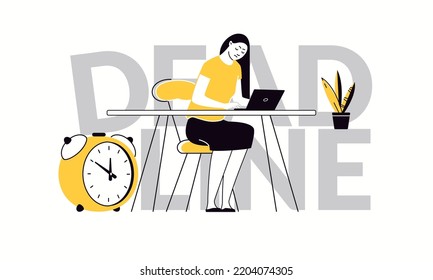 Triste y ocupado trabajador de oficina o autónomo trabajando horas extras en laptop antes de acercarse rápidamente a la fecha límite. Ilustración vectorial plana. Personajes de caricatura.