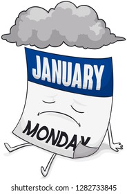 Sad calendar with stormy cloud above of it remembering the Blue Monday in January.