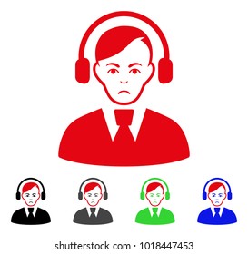 Sad Call Center Operator vector pictogram. Vector illustration style is a flat iconic call center operator symbol with grey, black, blue, red, green color versions. Face has sadly sentiment.