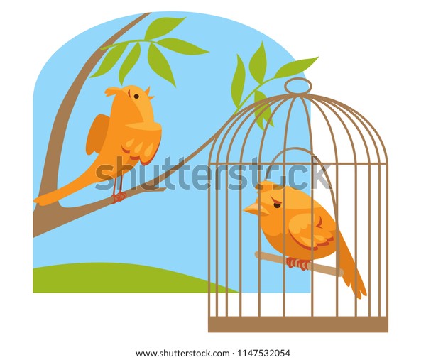 かごの中の悲しいカナリアと幸せなカナリアが枝で歌う 自由と奴隷制を考える 鳥の漫画のベクター画像イラスト のベクター画像素材 ロイヤリティフリー
