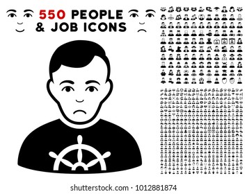 Sad Captain icon with 550 bonus pitiful and happy men design elements. Vector illustration style is flat black iconic symbols.