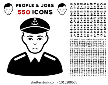 Sad Captain icon with 550 bonus pity and happy men symbols. Vector illustration style is flat black iconic symbols.