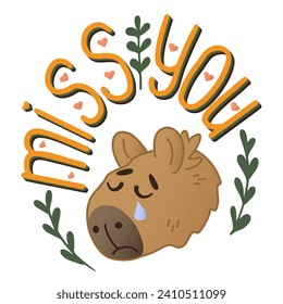 Sad capybara love typographic illustration. St Valentines day concept. Cute flat animal character with heart and floral elements. Isolated illustration on white background. Good for printout