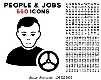 Sad Car Driver icon with 550 bonus pity and happy person clip art. Vector illustration style is flat black iconic symbols.