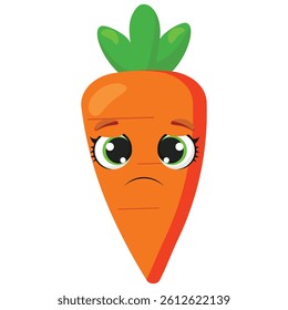 Sad carrot character with expressive eyes and green top, ideal for emotional food illustrations, kids content, and educational vegetable visuals