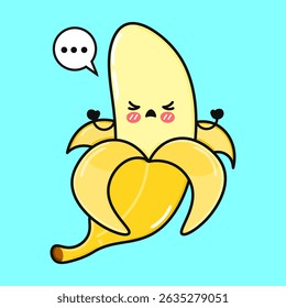 Banana triste, de desenho animado, descascada e pronta para ser comida, contra um fundo azul brilhante e sólido.