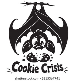 Sad cartoon bat hanging upside down looking at a broken chocolate chip cookie Vector