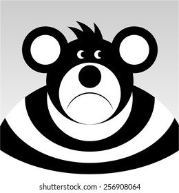 sad cartoon bear with a big ears in black and white shirt