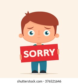 Sad Cartoon Boy Holding Big "Sorry" Sign. Vector Illustration