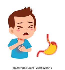 Sad cartoon boy holding his throat and chest showing stomach ache heartburn or sore throat pain illustration