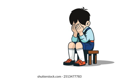 Sad Cartoon Boy Sitting Alone hiding into hand Symbolizing Anxiety Child Abuse, Depression and Loneliness Highlighting Mental Health Child Rights, and Counselling with Flat Design on White Background