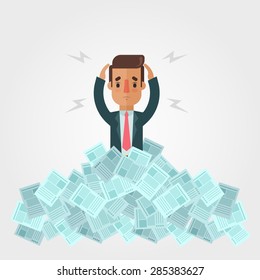 Sad Cartoon Businessman with a Lot of Documents 
