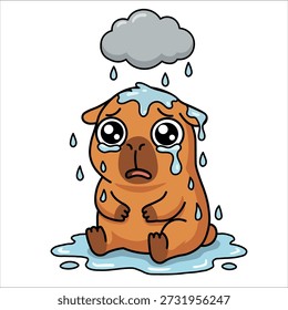 Triste caricatura capibara llorando bajo una Pequeña nube de lluvia oscura, linda ilustración del Grande mundo roedor en estilo kawaii, personaje con enormes ojos brillantes llenos de lágrimas y una expresión facial dolorosa, concepto de soledad y depresión, Pequeña nube gris que arroja gotas de lluvia directamente sobre la cabeza del animal, capibara sentado en un charco de agua que refleja melancolía y mal sentimiento, objeto de Vector aislado sobre fondo blanco para obras de arte creativas, estilo minimalista con líneas claras, ideal para expresar emociones en las redes sociales, crear pegatinas, estampados de camisetas y materiales psicológicos, simboliza la tristeza y la necesidad de Asistencia, personaje de Internet de moda en una situación dramática, estética de dolor y empatía detalles, dibujo digital de alta calidad Concepto de inteligencia emocional y sensaciones, Clima lluvioso y dolor interior del alma, simplicidad y atmósfera conmovedora, arte único para la audiencia juvenil, arte Clip para el Web y la impresión, mamífero divertido en estado de tensión, metáfora visual de llanto, gráficas planas modernas, diseño expresivo de personajes, mascota de hydrochoerus hydrochaeris, obras de arte de vida silvestre caprichosas, composición juguetona con paleta vibrante, contornos audaces, Paquete de personajes expresivos, acentos de agua azul, metáfora emocional orgánica, contraste de atmósfera alegre, concepto de mascota encantadora, salud mental visual creativa, Elementos decorativos encantadores para las redes sociales, personajes animales conmovedores, dibujos digitales profesionales, imágenes pegadizas para la Mercancía Clima, azul, arte de conciencia de salud mental, gráfico de simpatía, animal salvaje solitario, gotas de lluvia y charcos, arte de ojos expresivos.