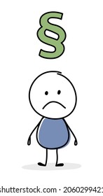 Sad cartoon caricature with paragraph - law icon. Business concept. Vector
