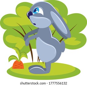 Sad cartoon character Hare. The hero of the illustration is on the green grass, he is sad and lonely.