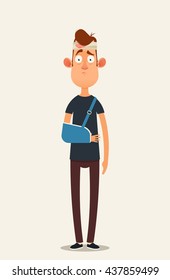 Sad Cartoon Character with Injured Head and Broken Arm. Vector Illustration