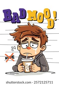 Sad cartoon character with messy hair holding coffee expressing bad mood. Emotional concept,vector illustration
