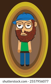 A sad cartoon character wearing a hat with a beard and glasses. Suitable for an event mascot.