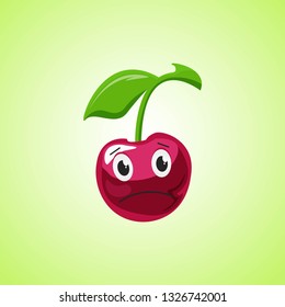 Sad cartoon cherry symbol. Cute icon of the cherry isolated on green background. Vector illustration EPS 10.