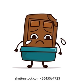 Mascote triste de chocolate com desenho animado com uma mordida na cabeça, chorando e parecendo emocional, expressando dor e tristeza em um estilo engraçado.
