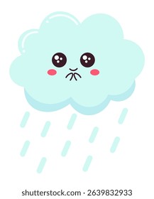 Sad cartoon cloud dripping rain on a clean white background, capturing the essence of rainy weather and expressing a playful take on a gloomy mood in a charming way