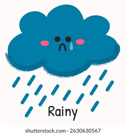 Sad cartoon cloud with falling raindrops symbolizing rainy weather. Expressive and emotional illustration in a child-friendly style. Suitable for weather lessons and educational content.