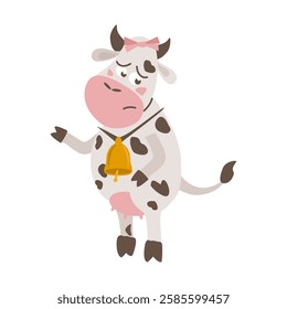 Sad cartoon cow on hind legs with bell on neck and bow on head - vector flat illustration, character for design of postcards, calendars, clothes, packaging